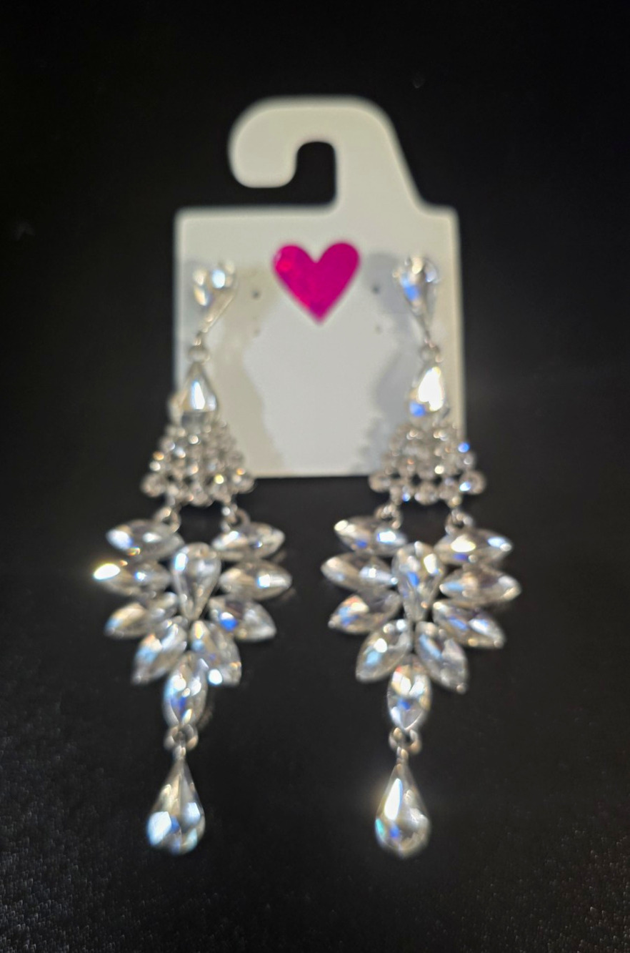 Silver Tone Clear Crystal Rhinestone Teardrop Dangle Drop Post Earrings